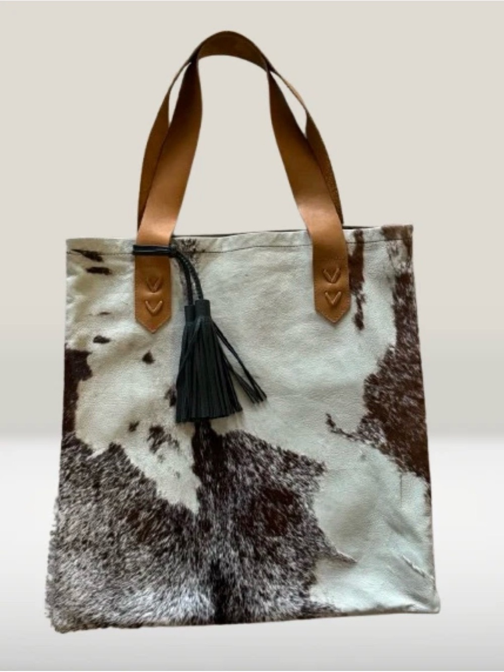 Cowhide Tote Bag with Tan Leather Straps